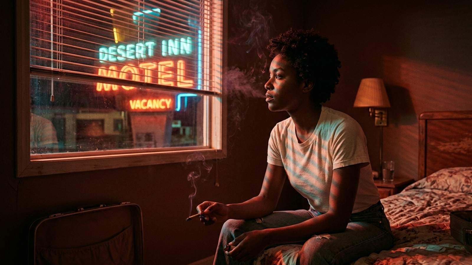 Waist-up portrait of a person sitting on a motel bed by the window, red and blue neon light through blinds illuminating drifting smoke