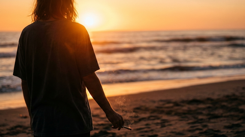 Over-shoulder view of a person holding a joint while watching the sun set over the ocean in soft golden light