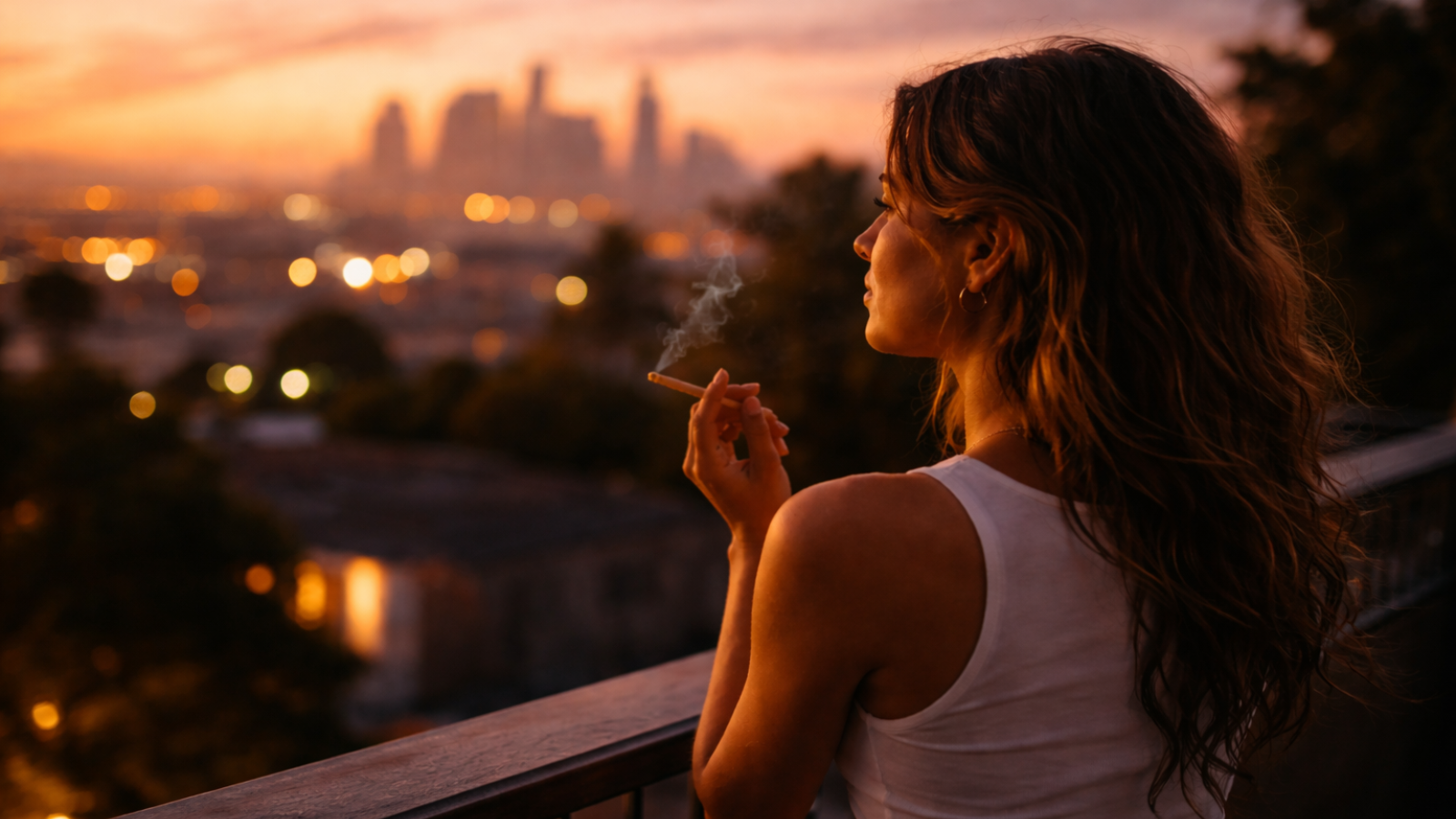 Over-shoulder view of a person gazing at city lights from a rooftop at dusk, bathed in soft golden light