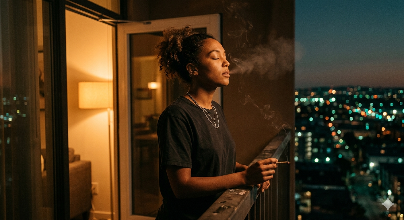 Waist-up portrait of a person on a city balcony at night, eyes closed while exhaling smoke under warm amber light