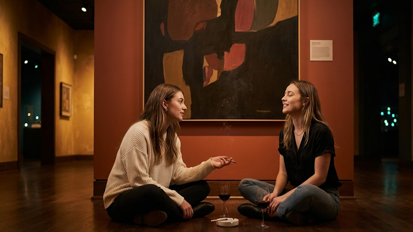 Two people conversing on gallery floor after hours, wine glasses nearby, warm lighting