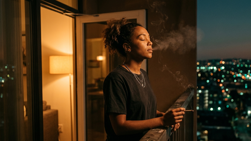 Waist-up portrait of a person on a city balcony at night, eyes closed while exhaling smoke under warm amber light