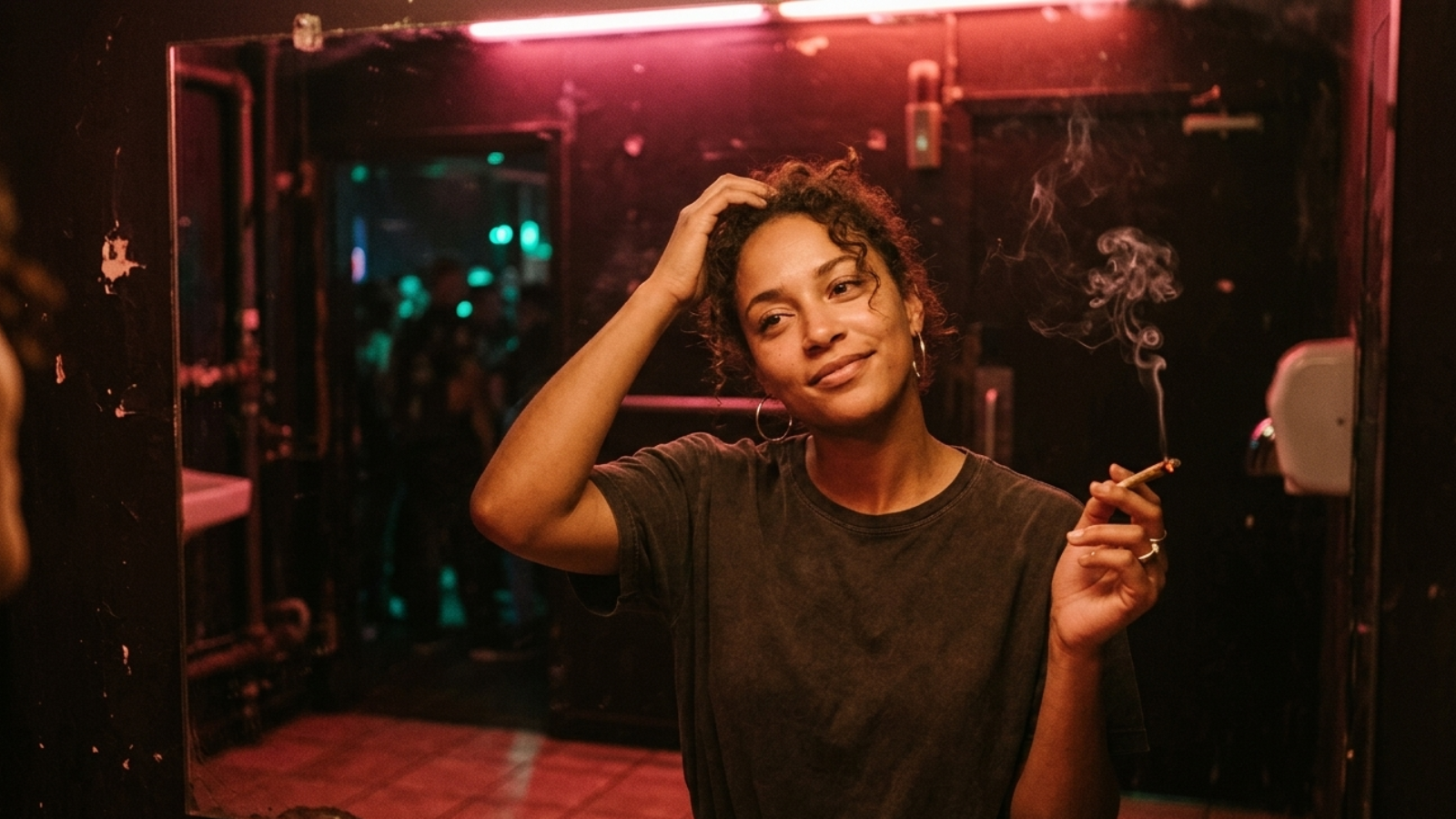 Mirror reflection of a person fixing their hair in a neon-lit club bathroom while holding a joint
