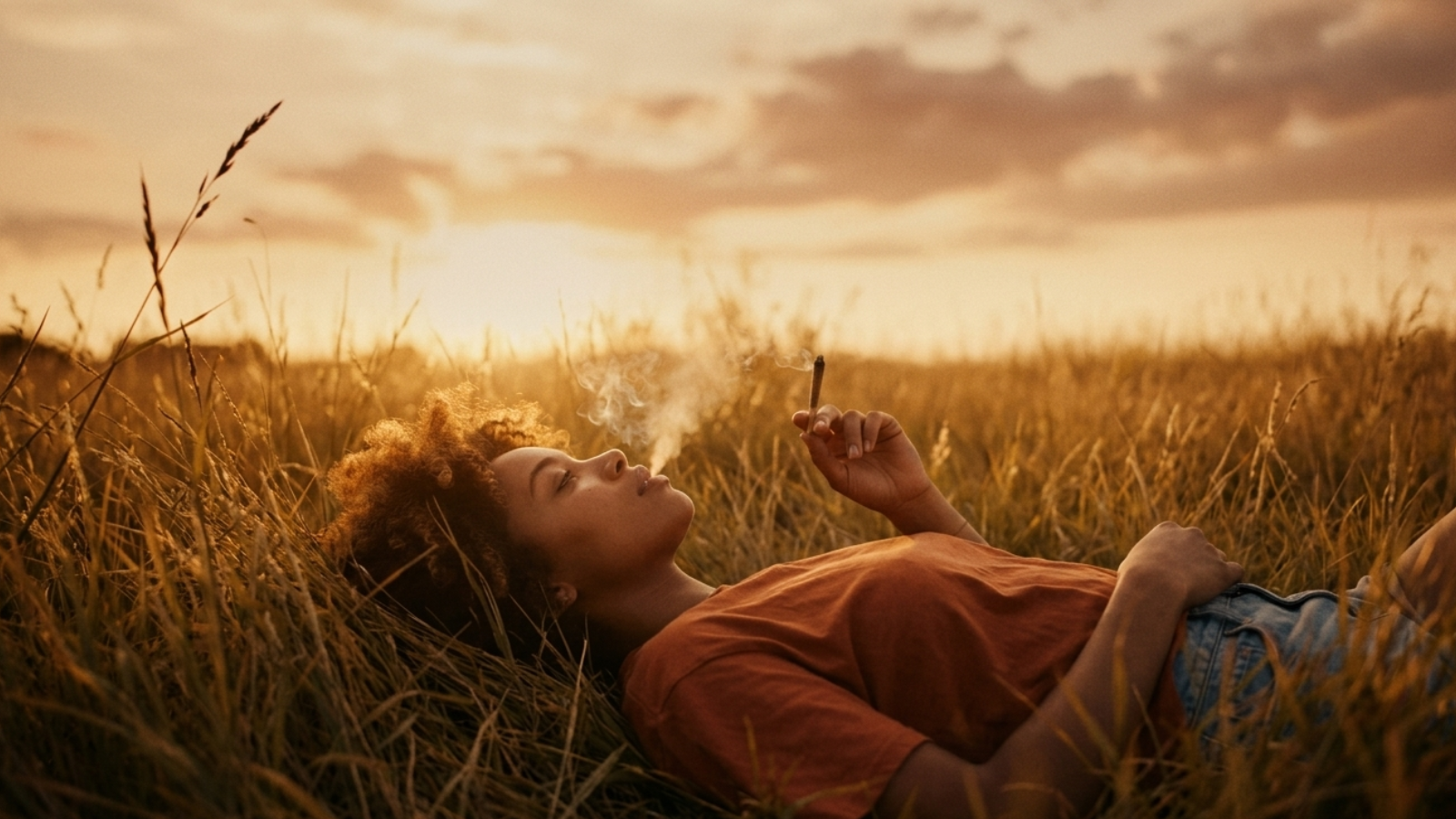 Person lying in tall grass at sunset with smoke drifting upward