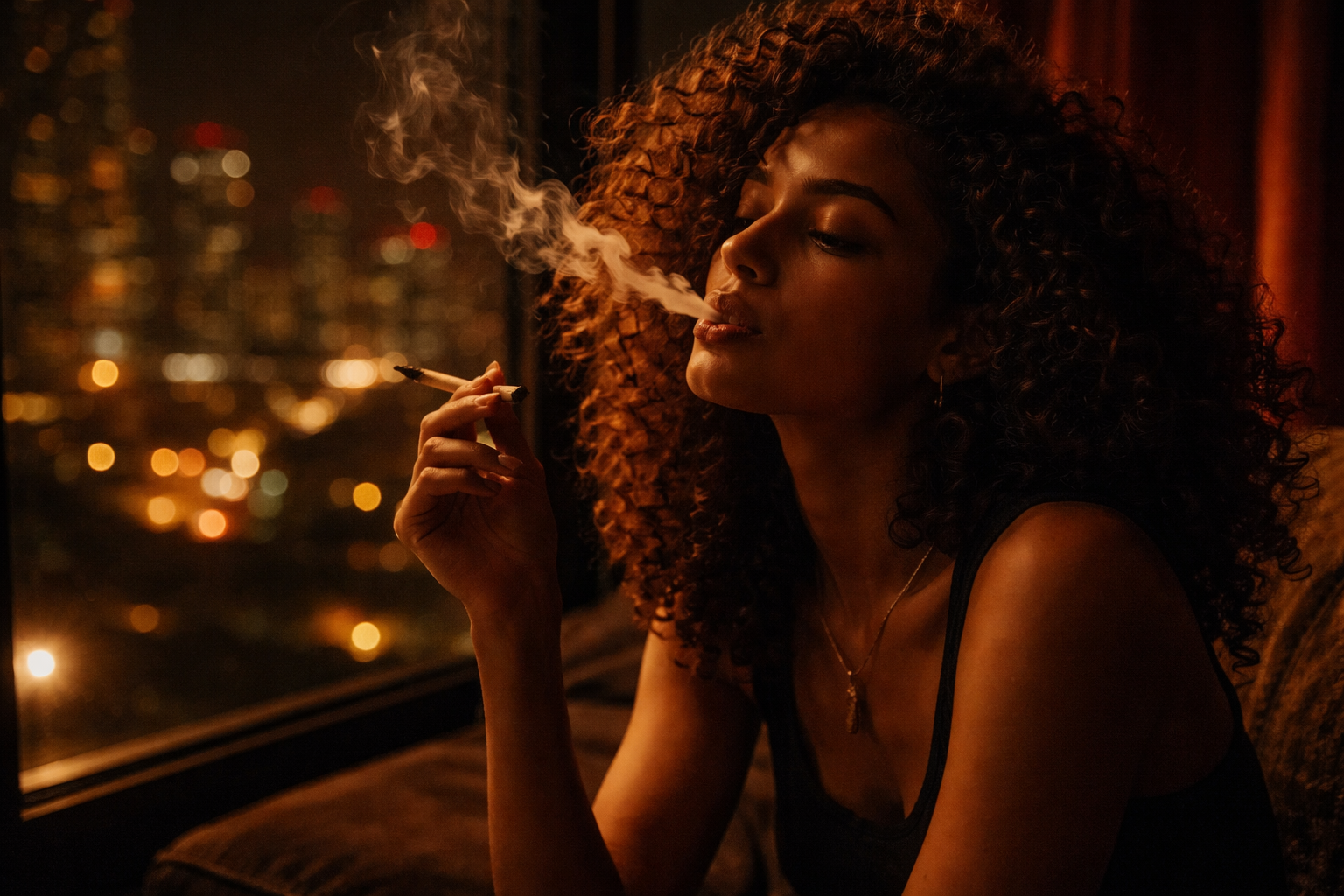 Woman with curly hair smoking a joint in a moody high-rise apartment