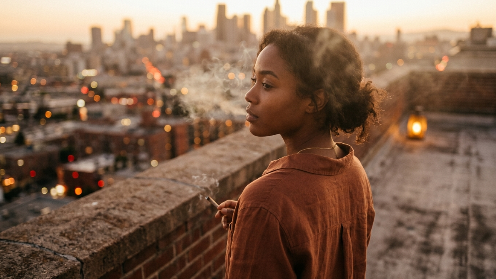Woman on rooftop at golden hour, gazing at city lights, cinematic and contemplative.