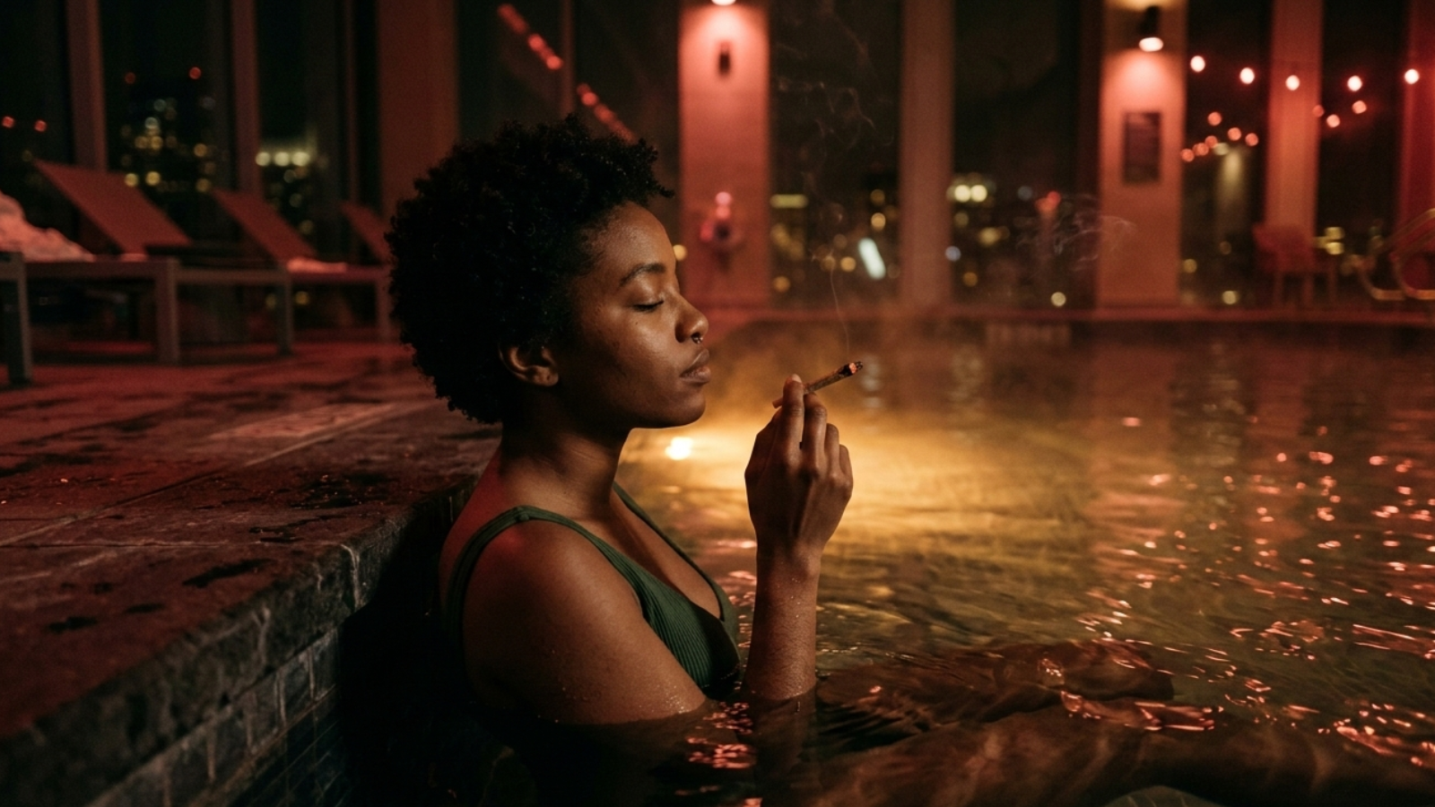 Person smoking a joint in a dim hotel pool area, warm underwater lights glowing through steam and rippling water