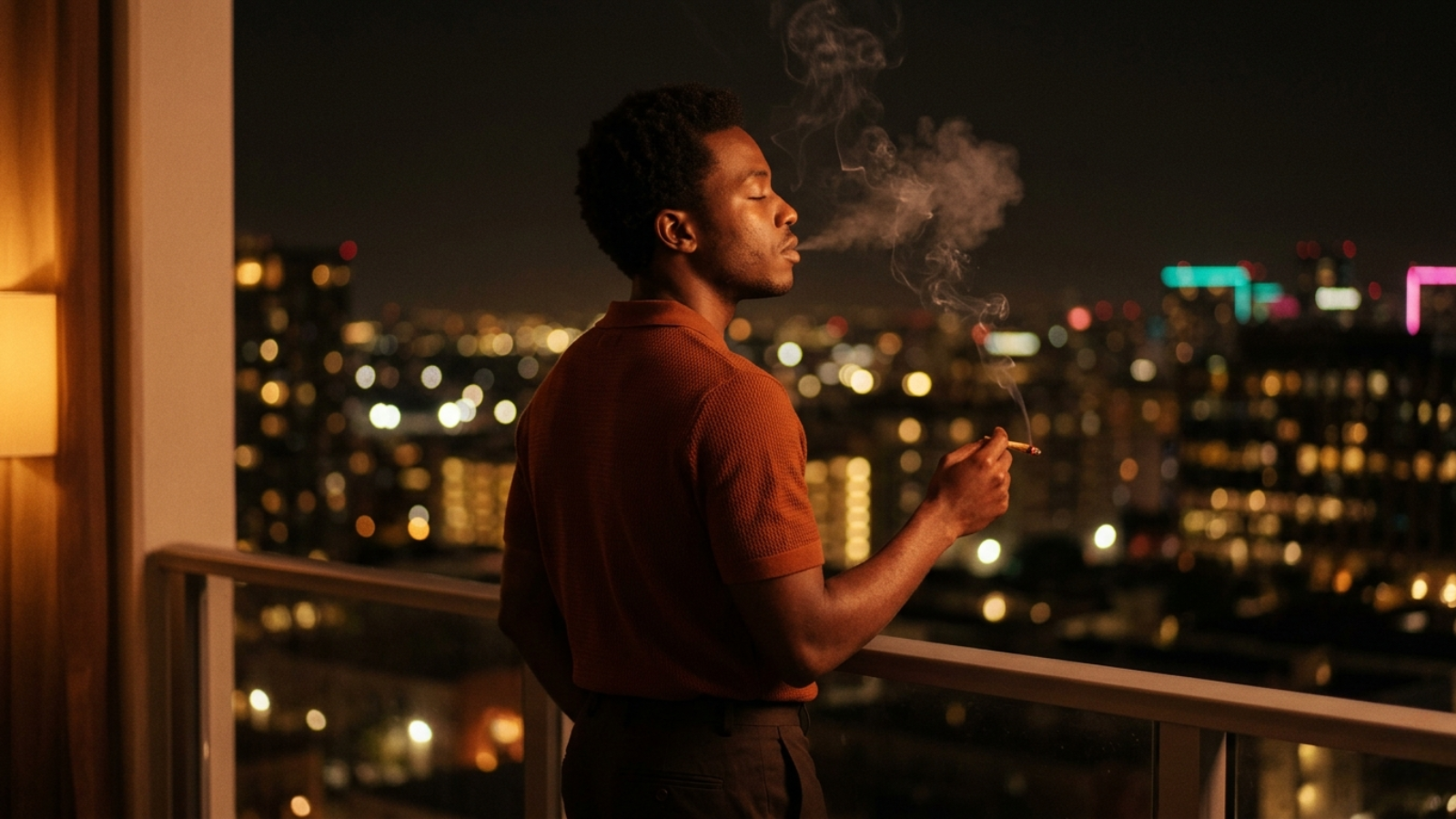 Man exhaling smoke on city balcony at night, moody and cinematic