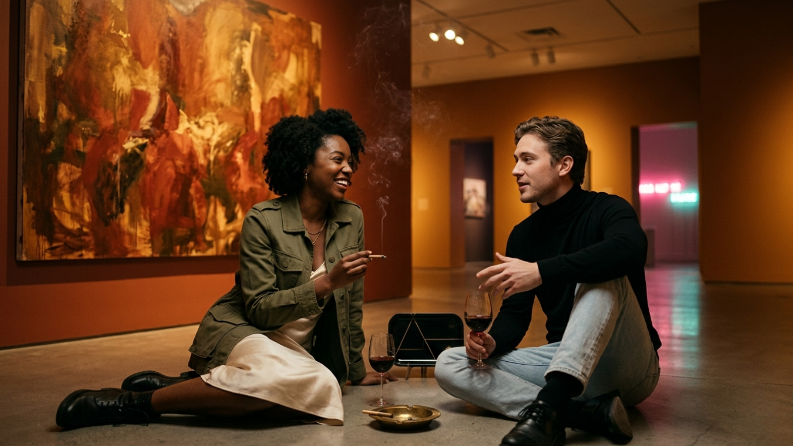 Two people sitting in an art gallery, intimate conversation with warm cinematic lighting