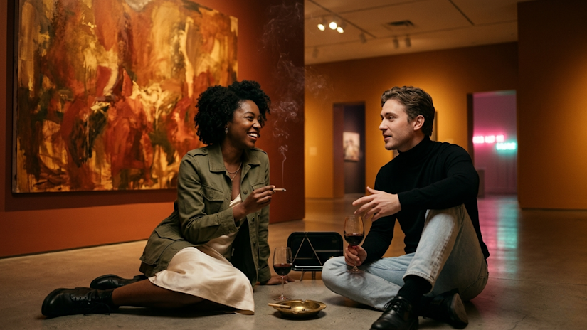 Two people sitting in an art gallery, intimate conversation with warm cinematic lighting