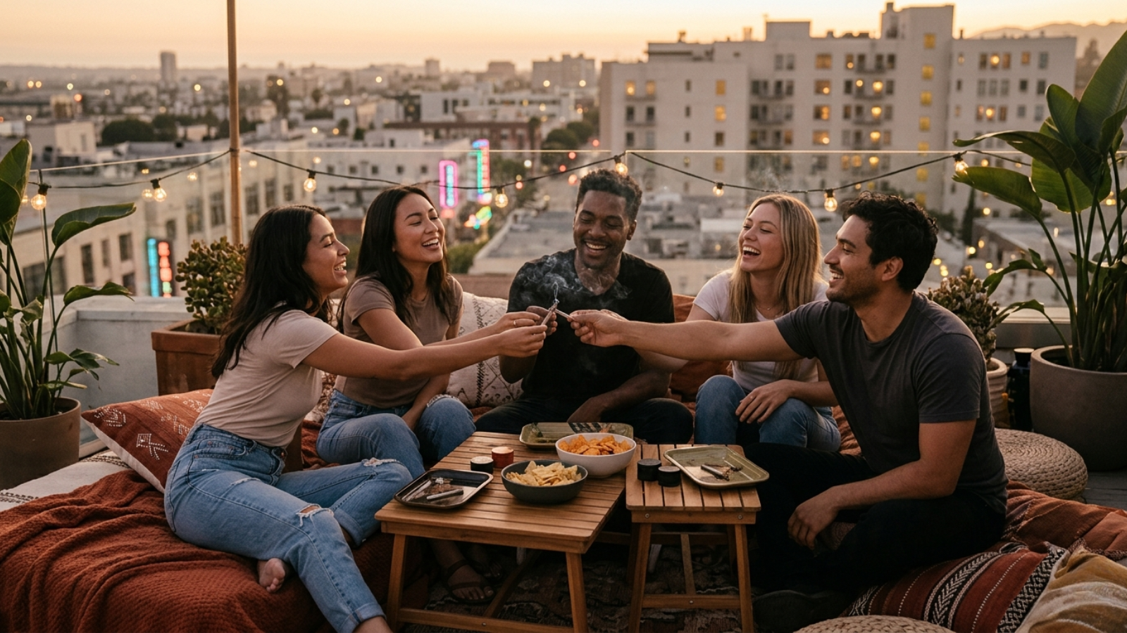 Group of friends laughing on a rooftop at dusk with warm golden hour glow