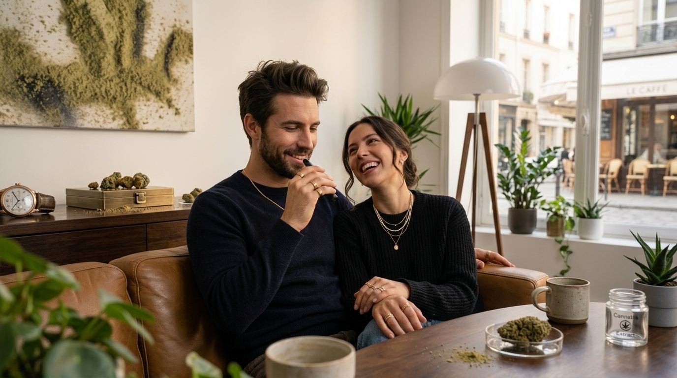 Couple smoking together in their iving room