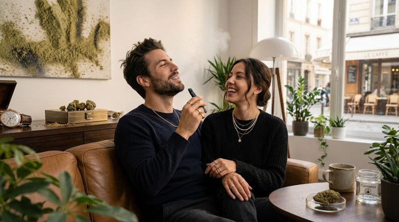 Couple smoking together in their iving room