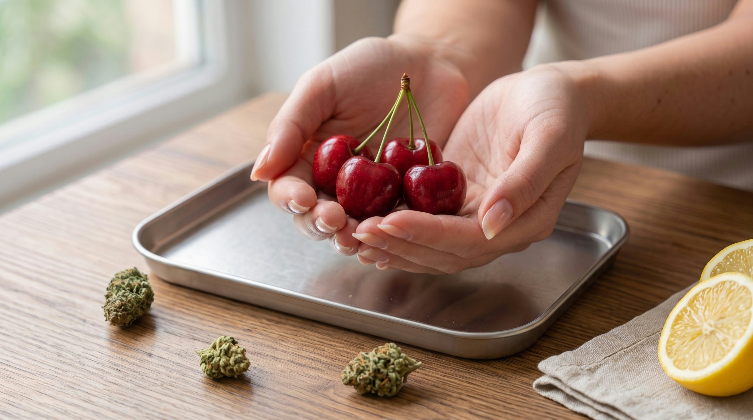 Close-up of polished female hands holding some weed budswith cherries and freshly cut lemons on the table.