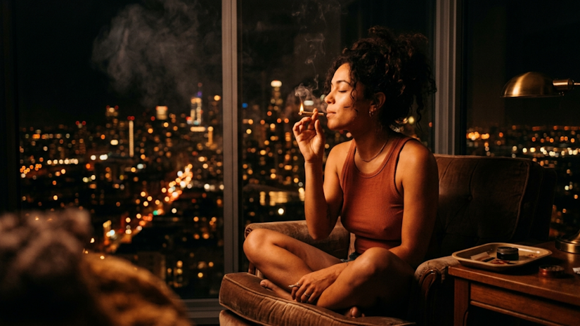 Woman smoking a joint in a moody high-rise apartment at night