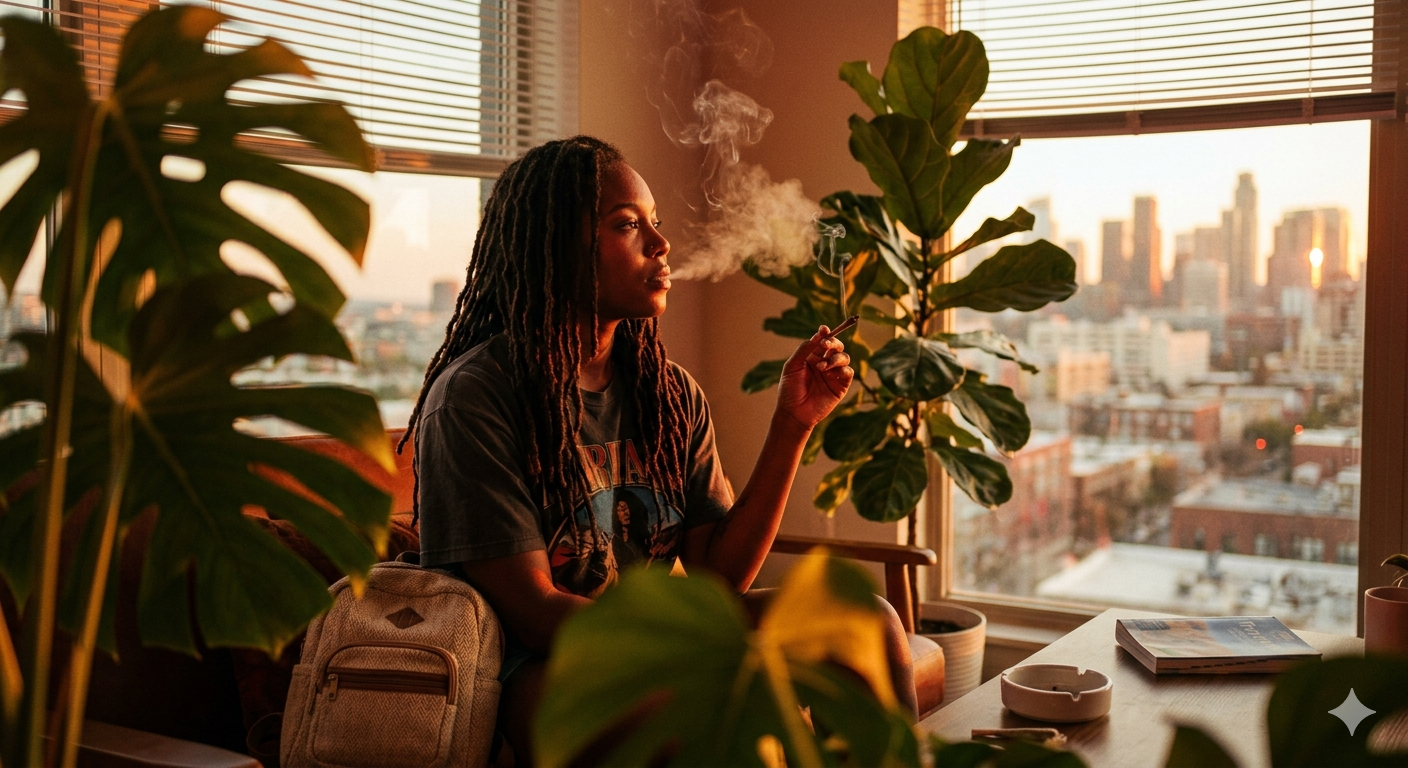 Woman with locs smoking a joint in a plant-filled apartment at golden hour