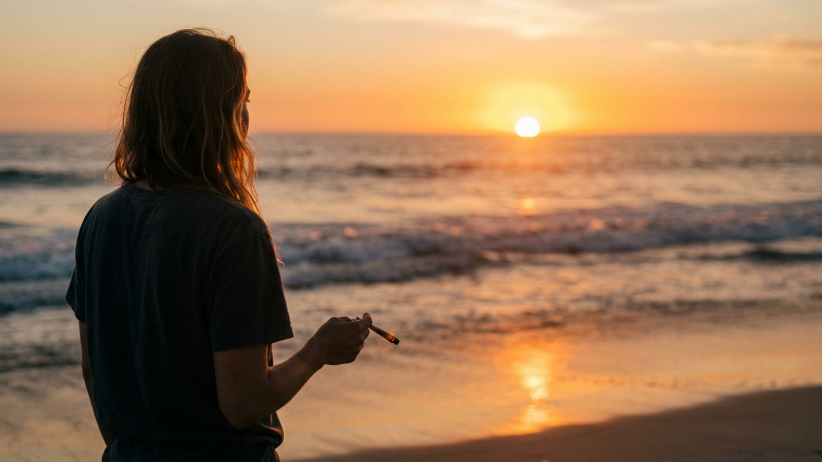 Watching the sunset over the ocean with a joint in hand at golden hour