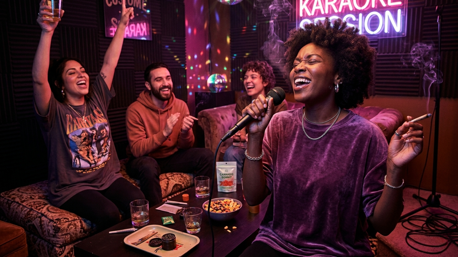Singing karaoke with a microphone and joint while friends cheer under neon lights