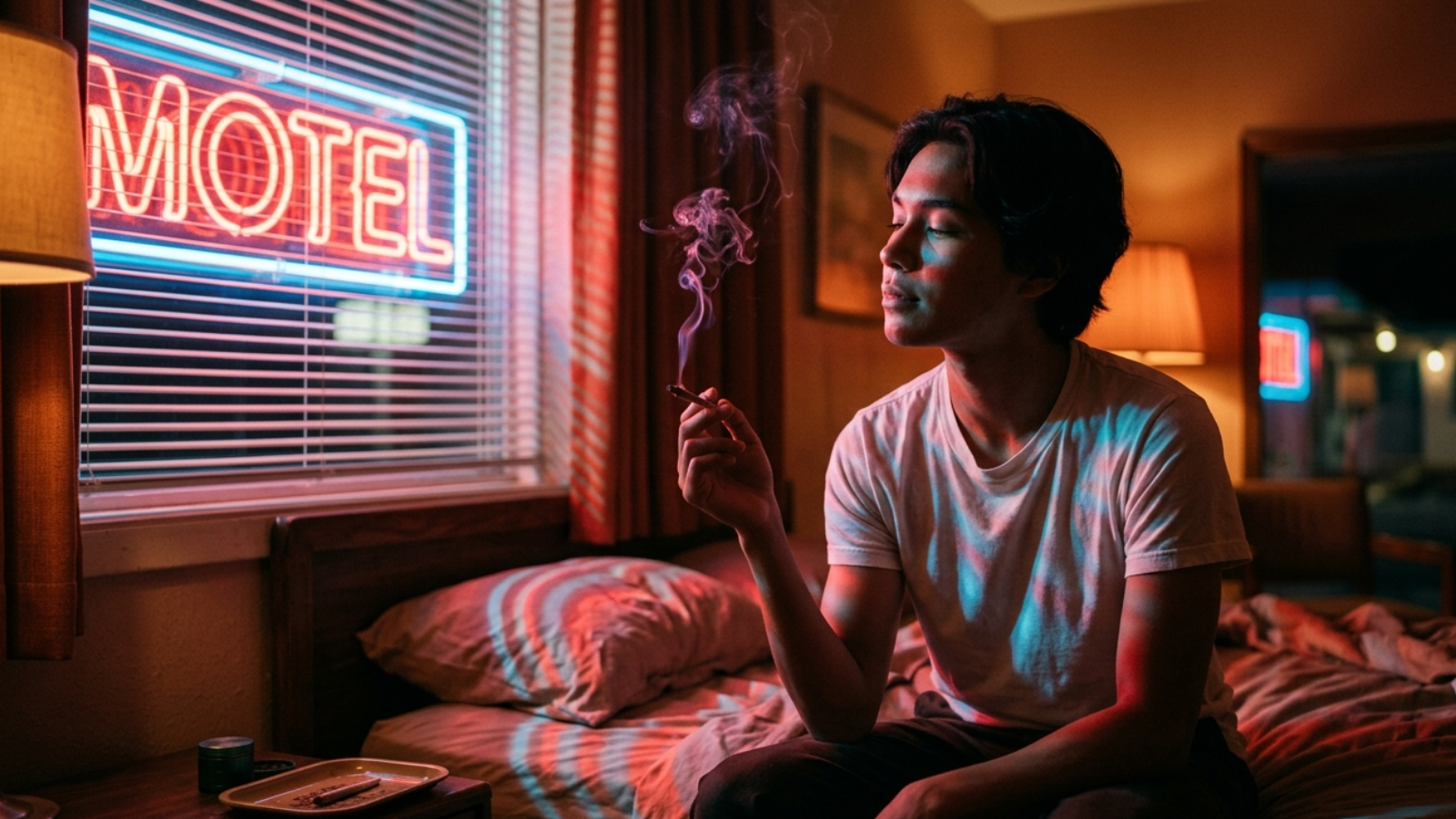 Sitting on bed edge in motel room, smoke lit by red and blue neon through blinds
