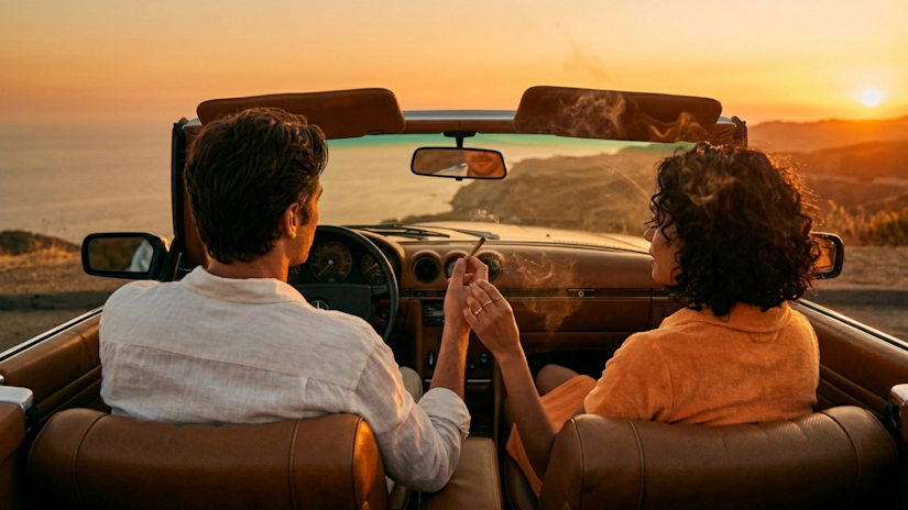 Couple passing a joint in a convertible at sunset from backseat perspective