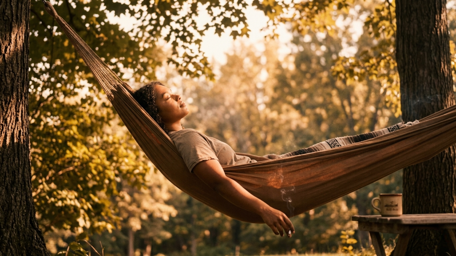 Relaxing in a hammock with a joint, golden hour sunlight filtering through trees
