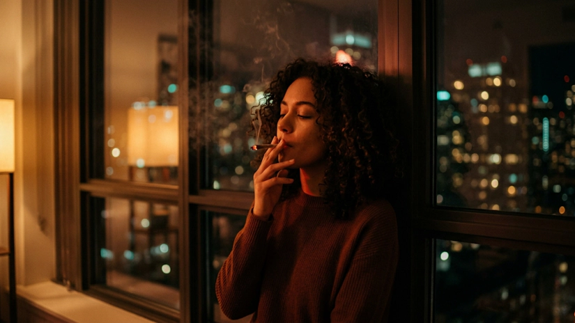 Woman with curly hair smoking a joint in high-rise apartment with city lights bokeh