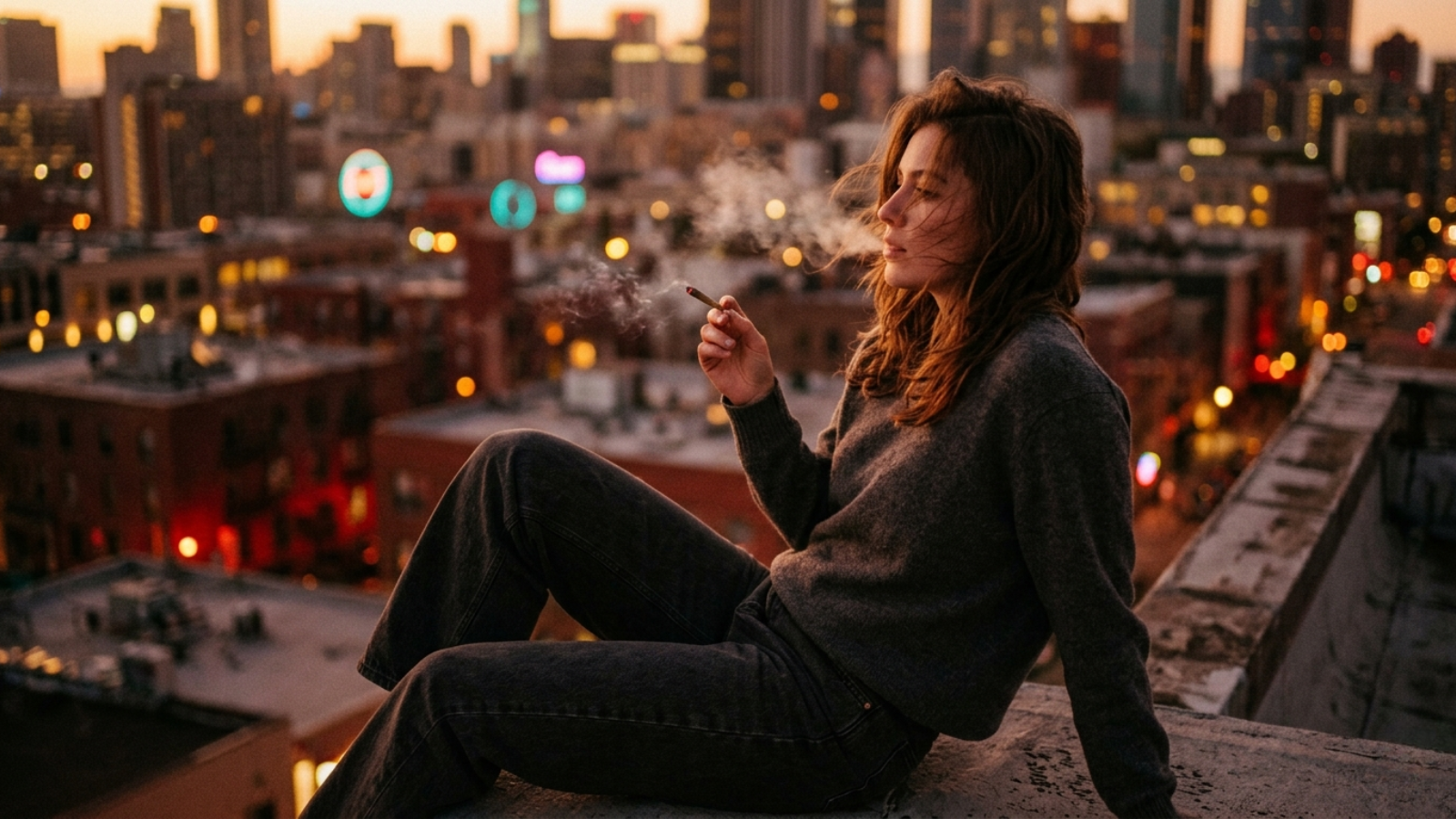 Woman on rooftop ledge smoking a joint with city skyline and warm golden hour lighting