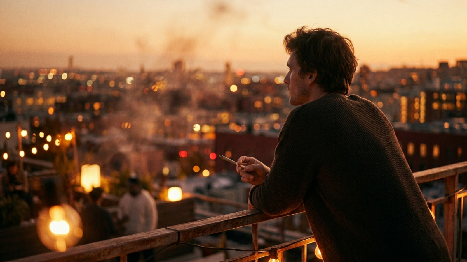 Cinematic rooftop portrait of person enjoying golden hour city view, dreamy and contemplative mood.