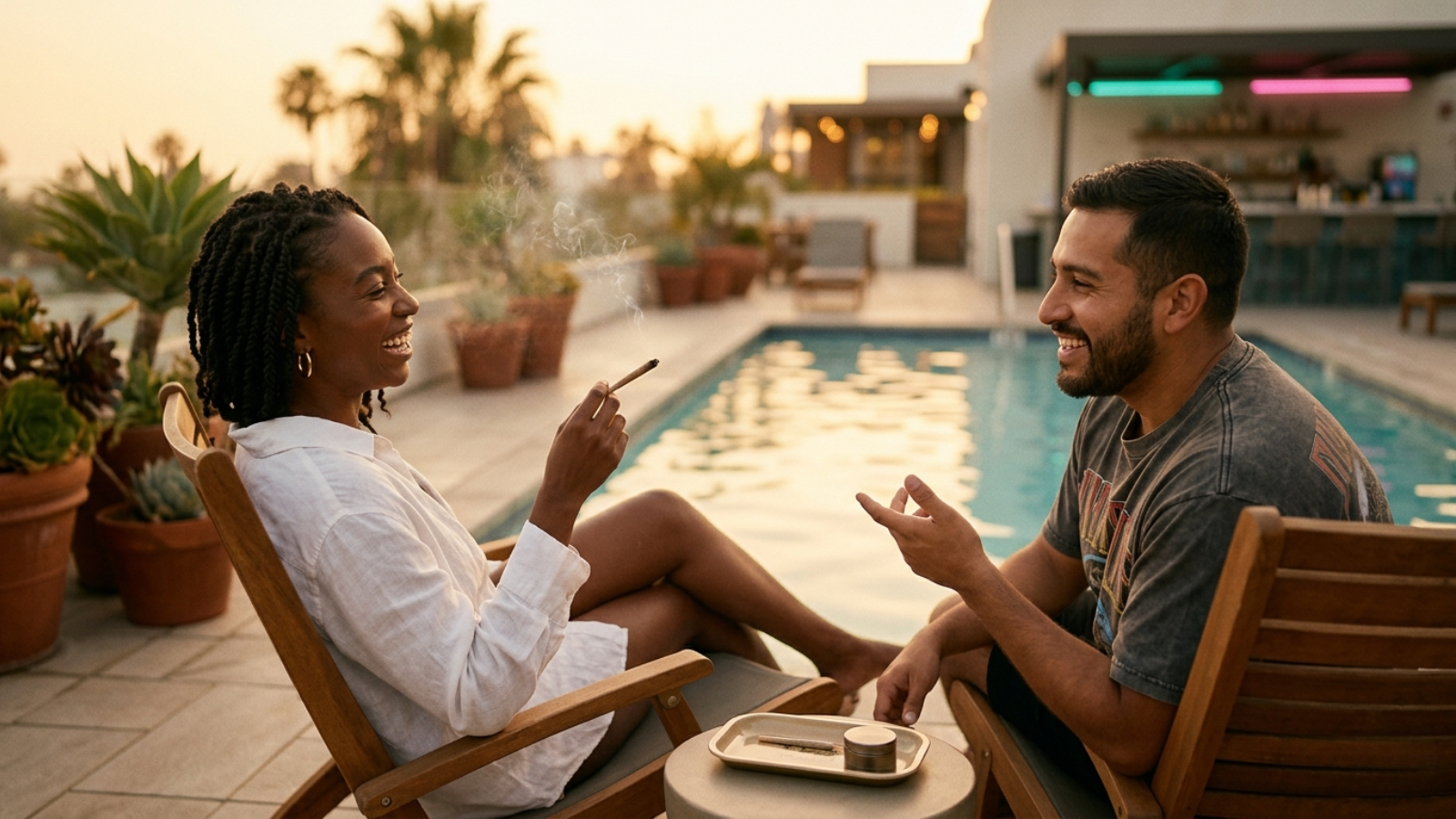 Poolside scene of two people lounging at golden hour, dreamy sun-kissed mood