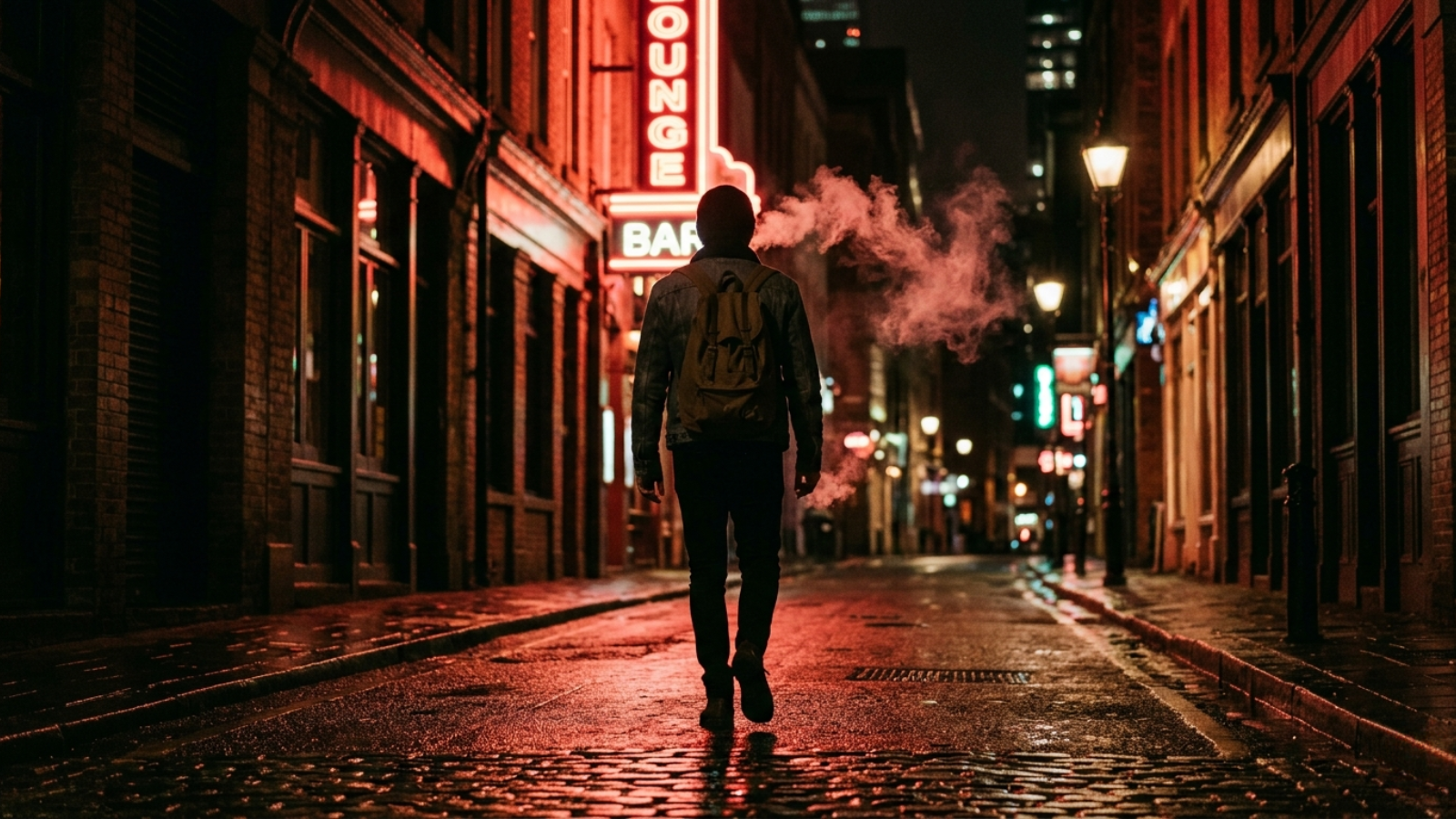 Neon-lit street at night with solo figure walking, pink and red reflections, smoky and nocturnal mood.
