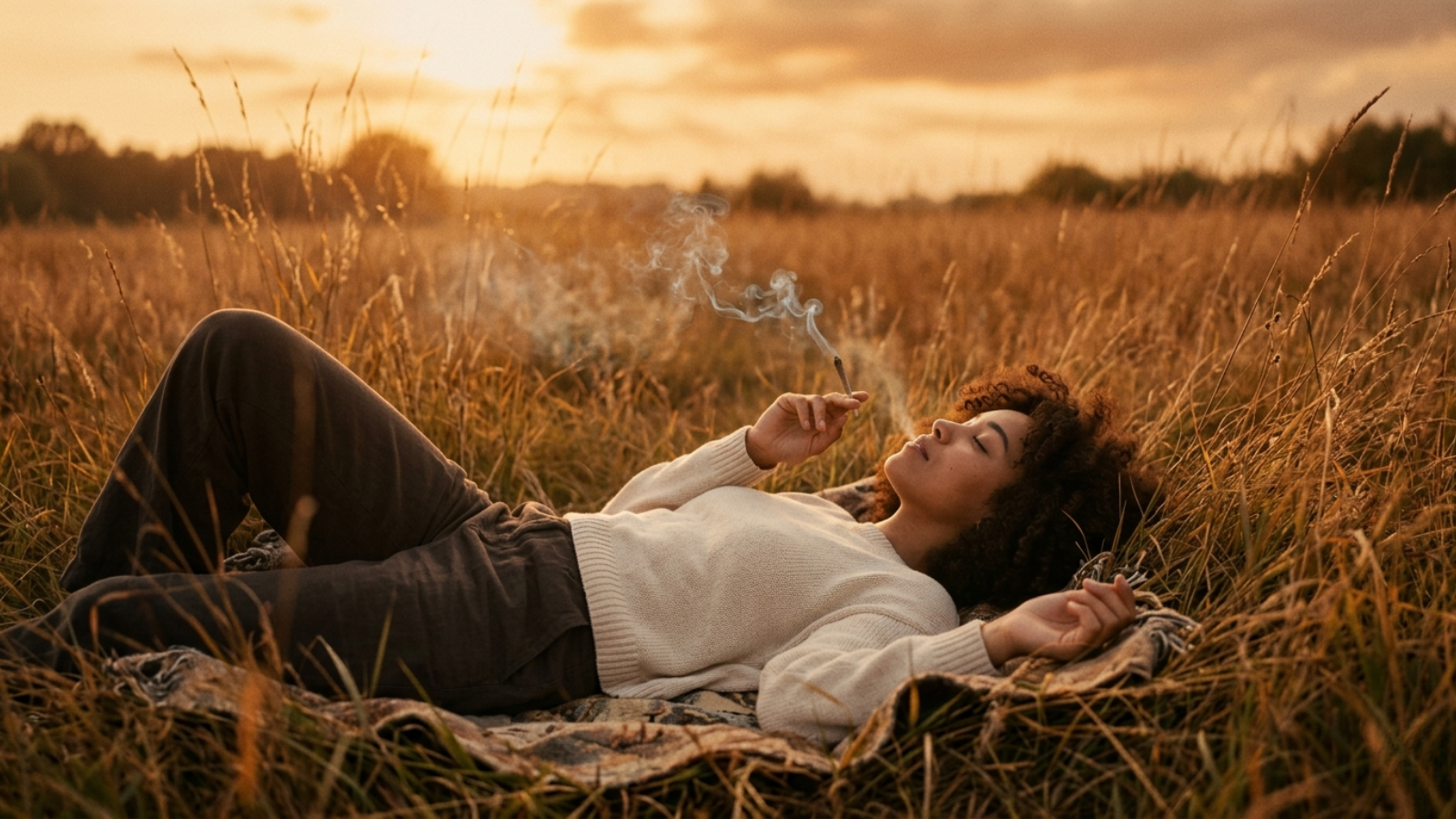 Person lying in tall grass at sunset, golden light and hazy smoke, dreamy and peaceful mood