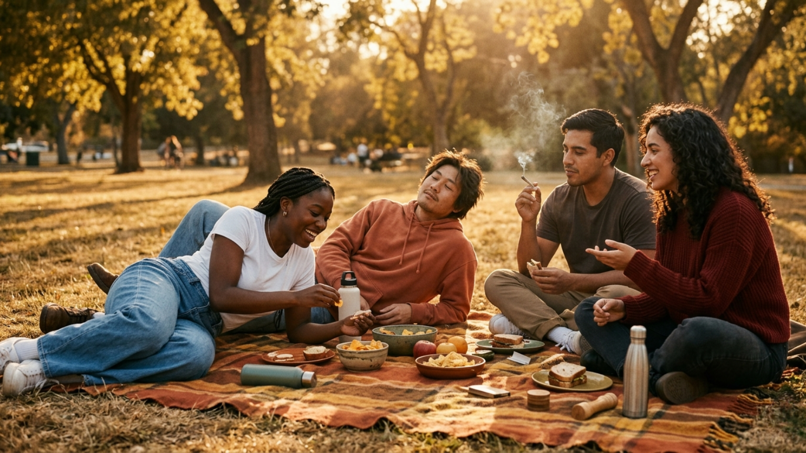 Friends relaxing on a picnic blanket in the park, golden sunlight and laid-back afternoon vibe