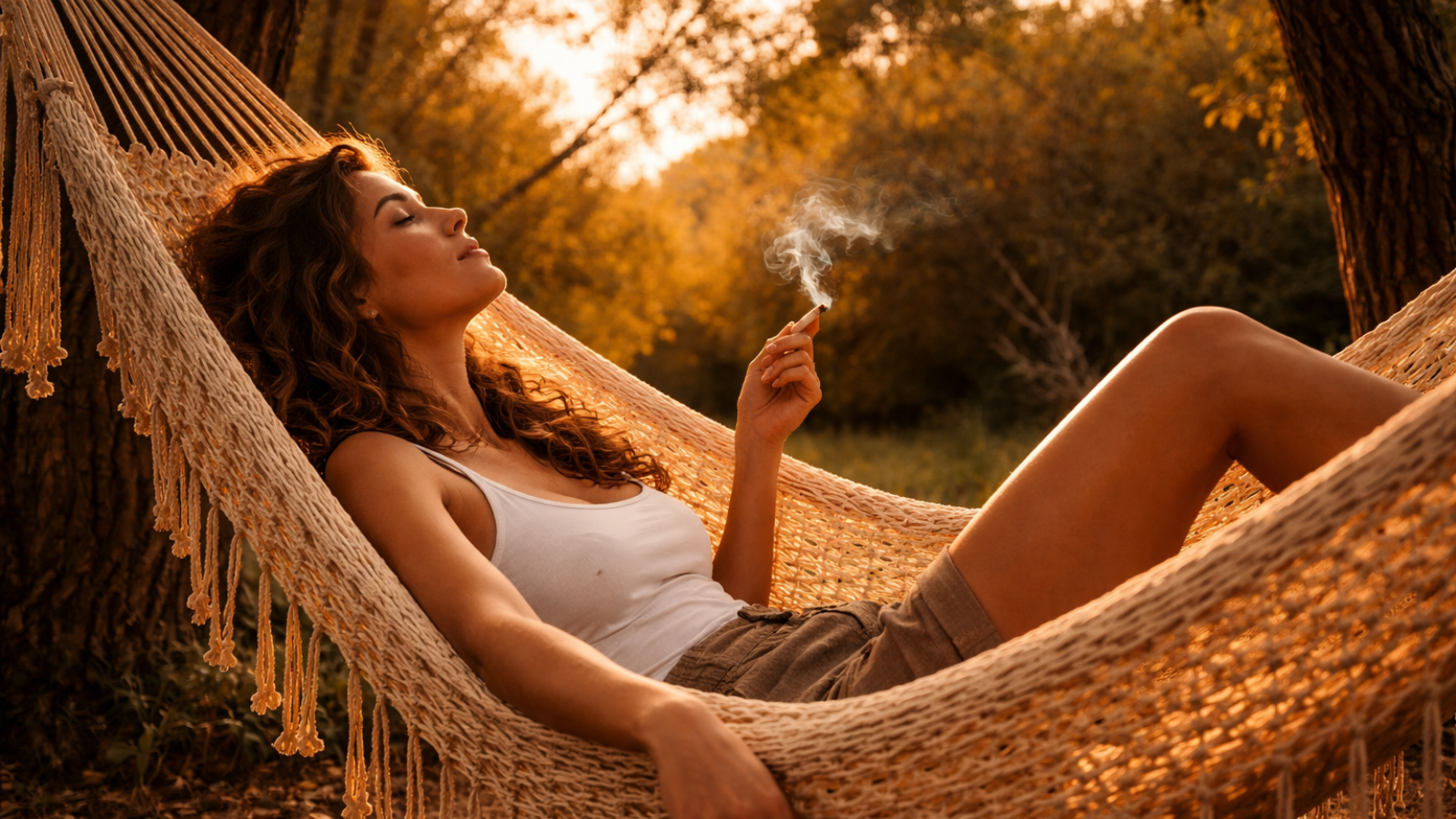 Person relaxing in hammock at golden hour, soft sunlight through leaves, holding a joint, dreamy and serene mood.