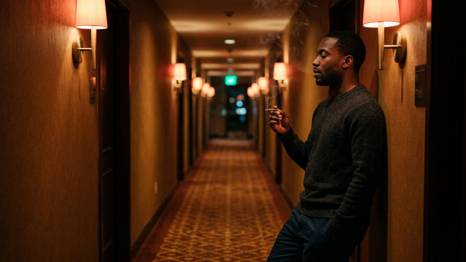 Man smoking a joint in hotel hallway, warm amber lighting, deep shadows, and smoky moody atmosphere