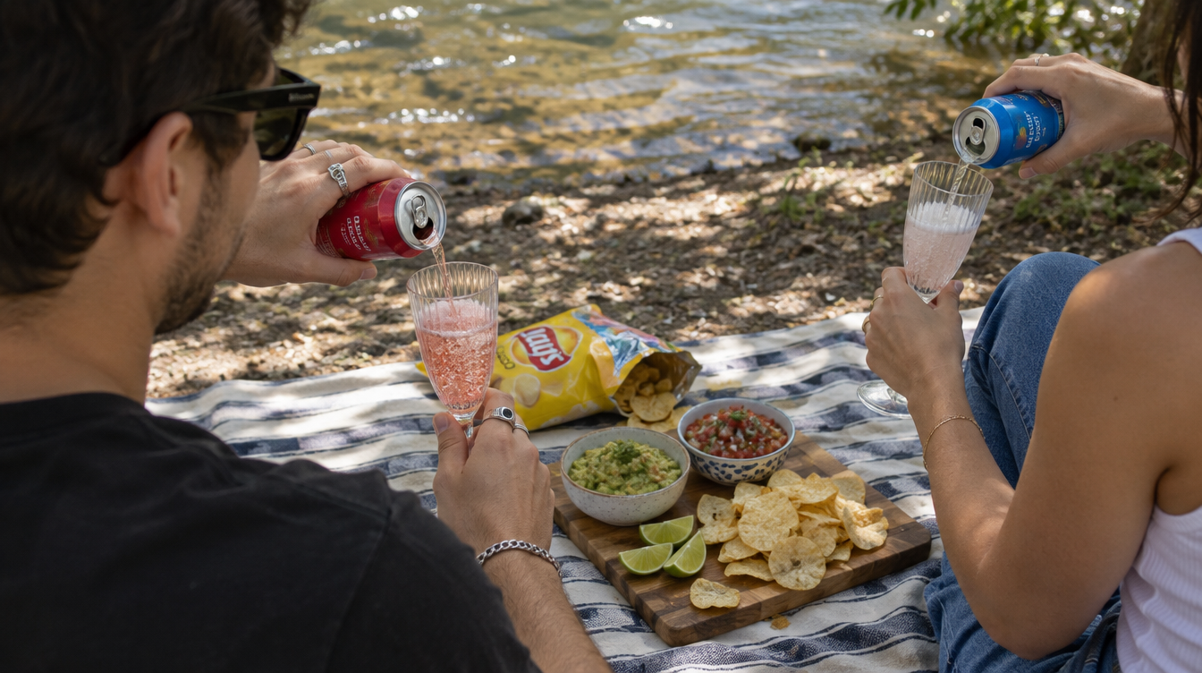 two friends sharing a drink in a park