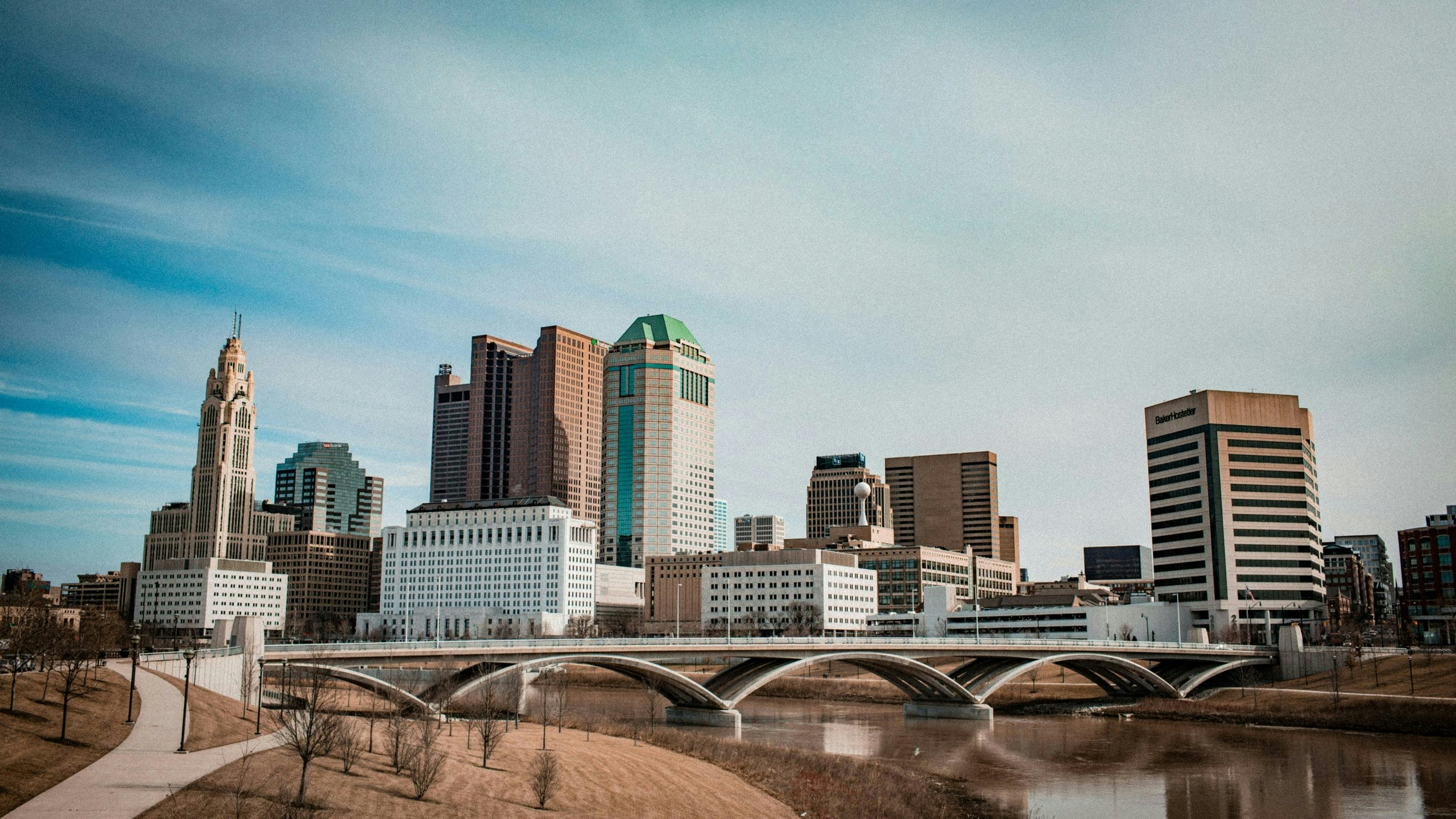 aerial view of a bridge and some buildings