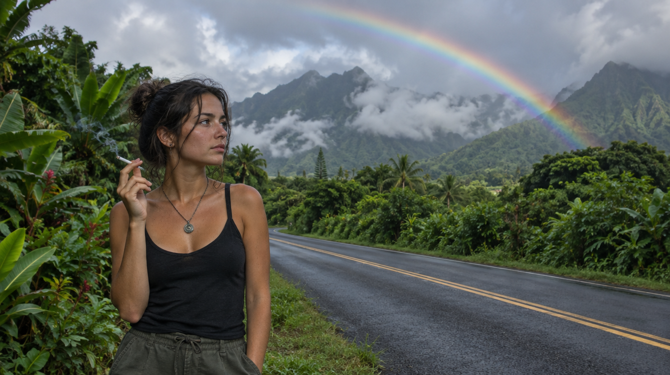A woman stands on the side of a road in a lush, tropical landscape, holding a cigarette.