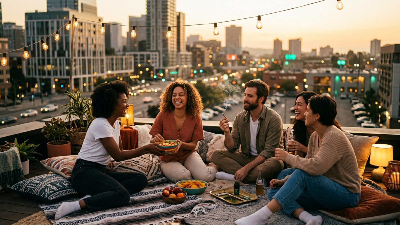 Five friends laughing on a rooftop at golden hour with city skyline backdrop.