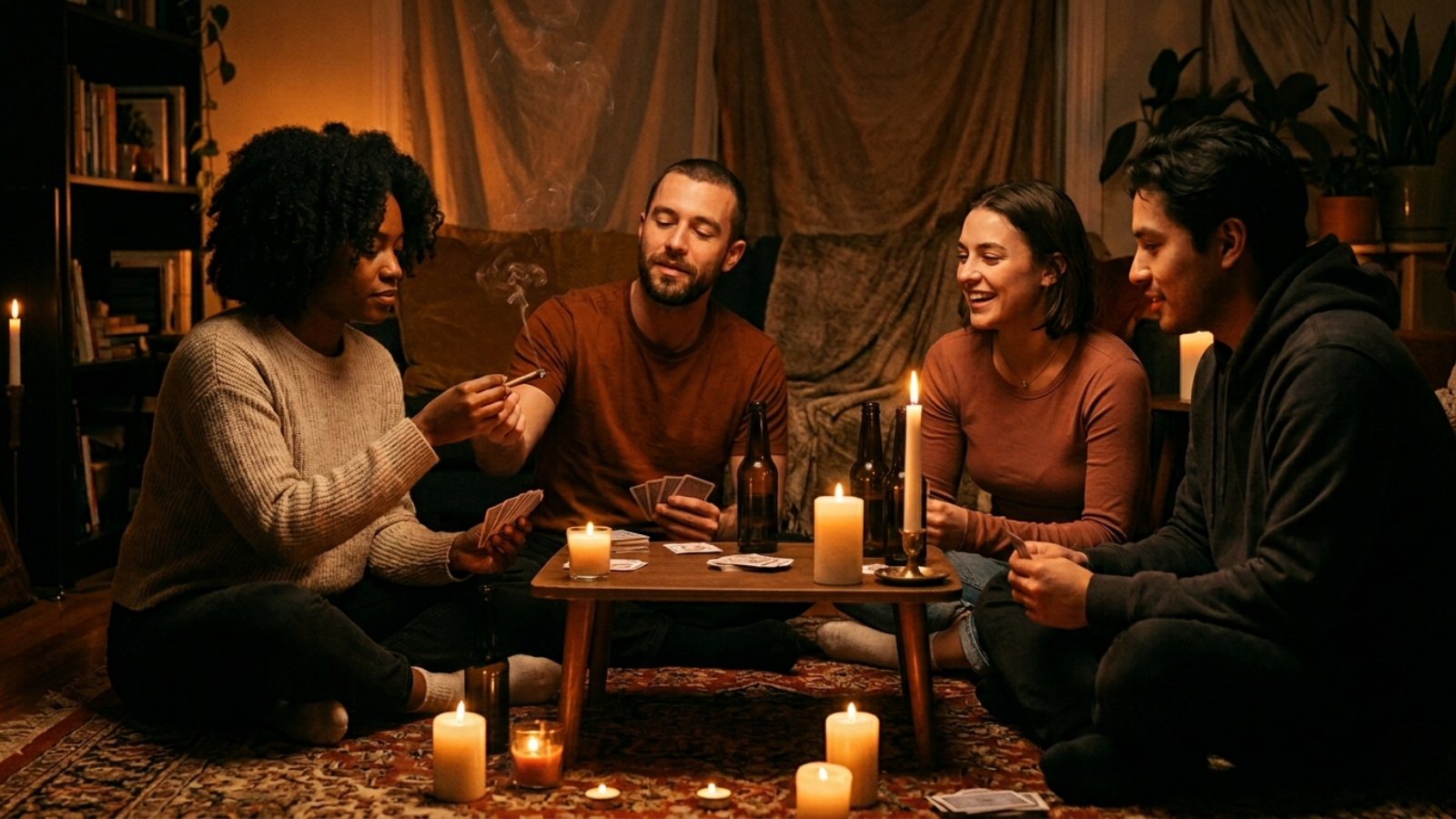 Friends gathered by candlelight playing cards during a power outage.