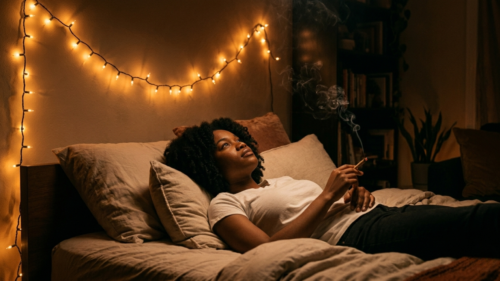 Cinematic cannabis lifestyle photo, solo on bed, string lights glow, introspective late-night mood.