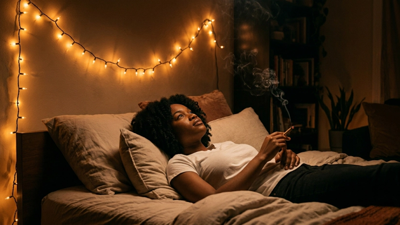 Cinematic cannabis lifestyle photo, solo on bed, string lights glow, introspective late-night mood.