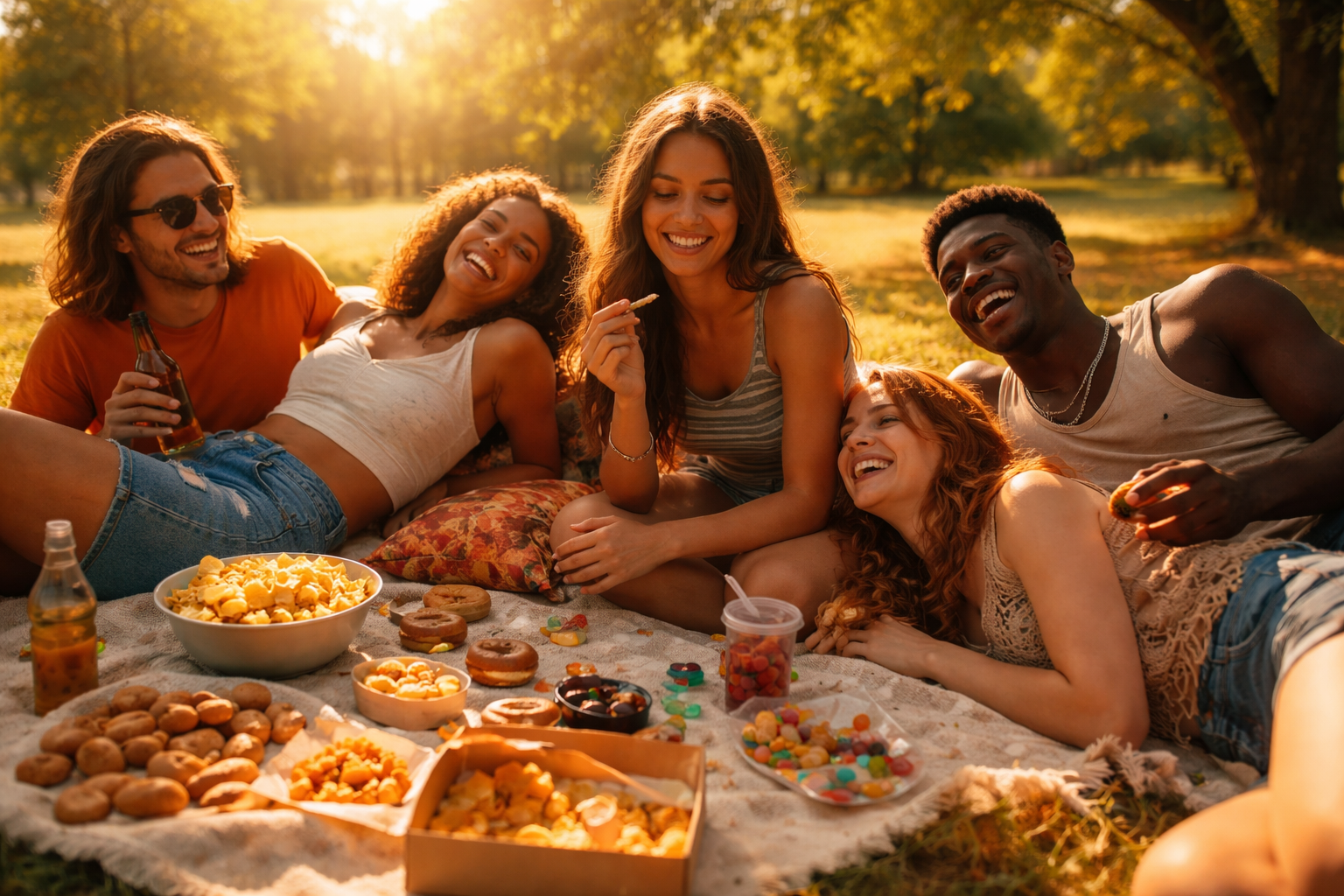 Friends relaxing on a picnic blanket in a park during golden hour, enjoying snacks in a hazy cannabis lifestyle