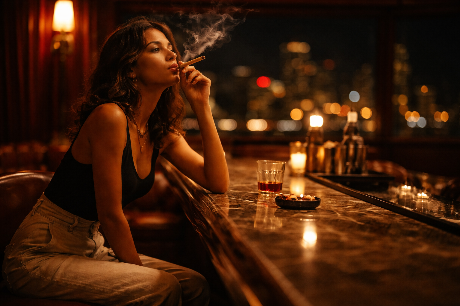 Woman smoking a joint at a hotel bar under warm amber lighting with city bokeh in the background