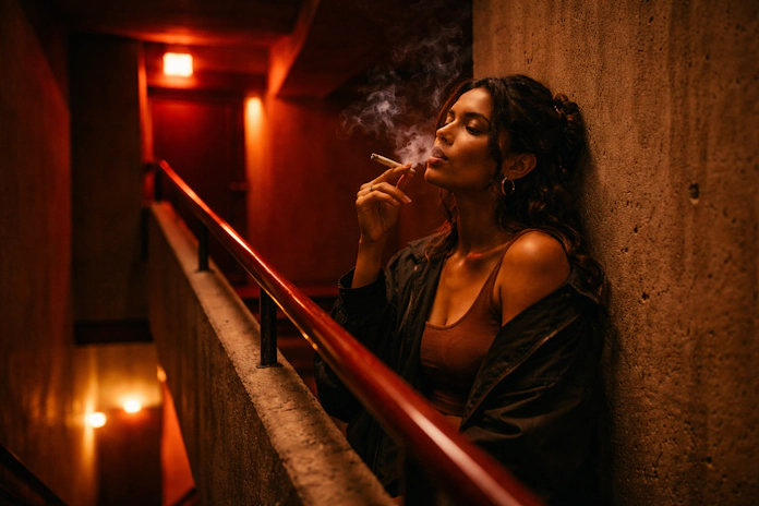 Person smoking a joint in a dim hotel stairwell with warm amber lighting and deep shadows