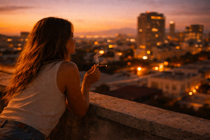 Woman on rooftop at golden hour smoking a joint, overlooking blurred city lights in warm soft focus