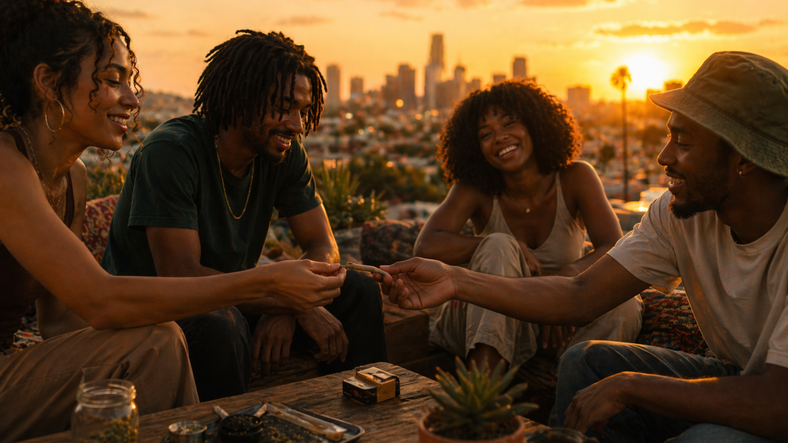 Friends sharing a joint at golden hour rooftop during 420 celebration