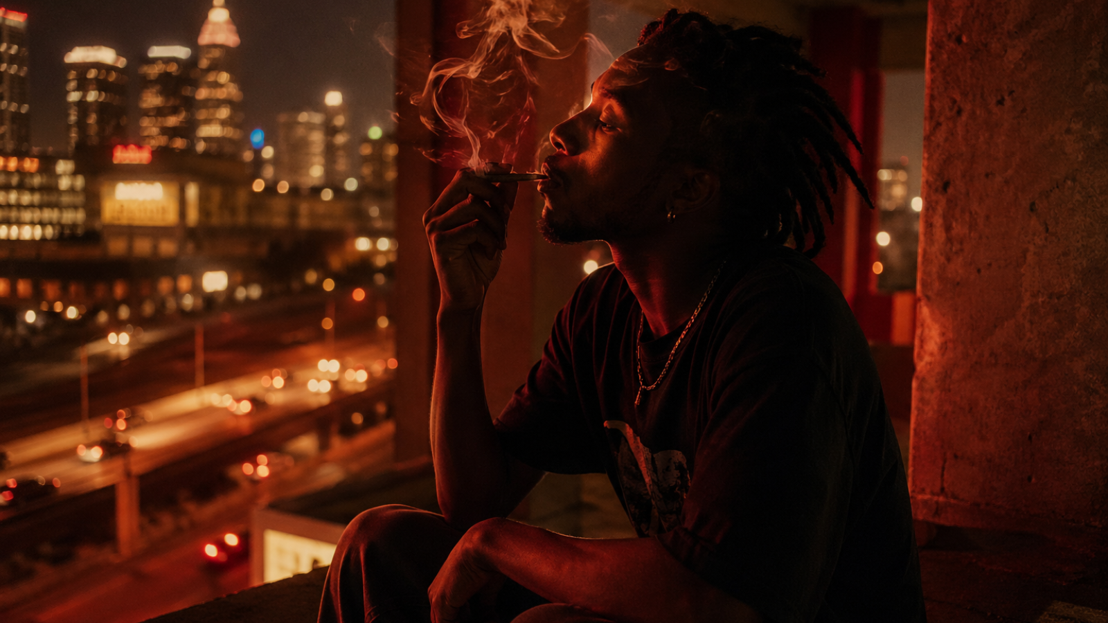 Single person smoking joint on rooftop, candid urban night moment