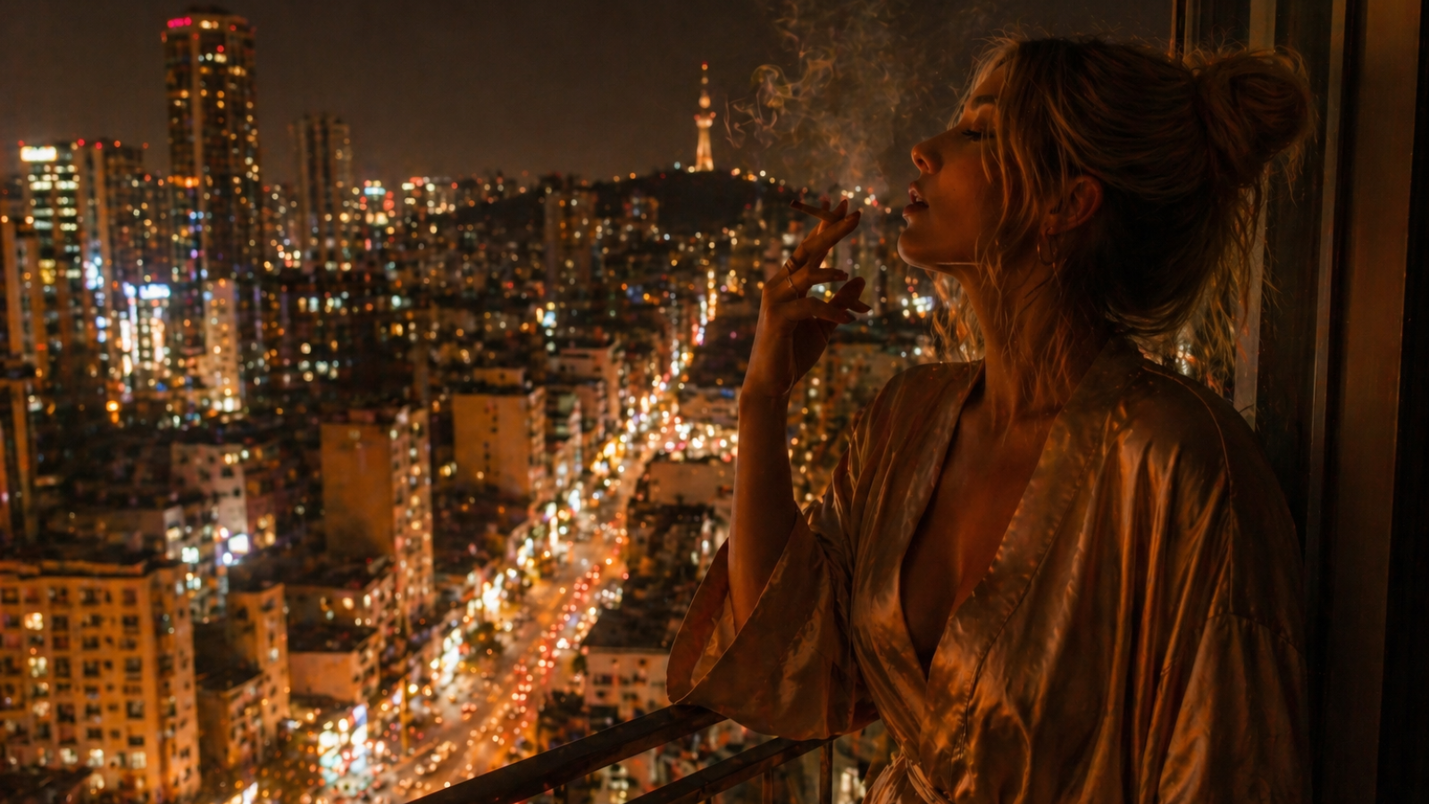 Woman smoking joint on balcony, neon bokeh, moody nightlife glow