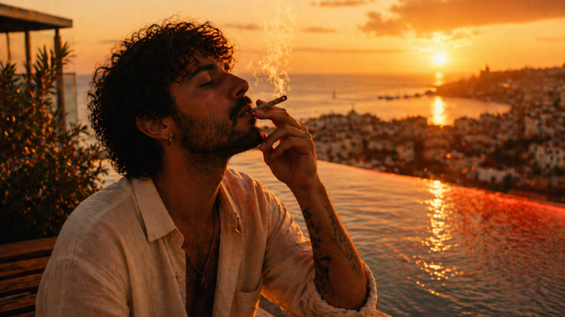 Man smoking joint by infinity pool, warm amber lighting, smoke wisps
