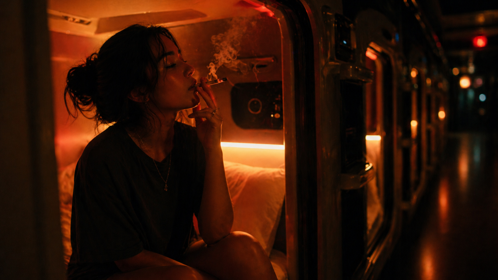 Woman relaxing in capsule pod smoking joint, moody amber light, city night